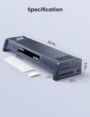 Vaydeer All-in-One Dual Monitor Stand Riser with 2 Drawers, 8USB Ports and Wireless Charging Pad with LED Light Strip for 2 Monitors , Desk Organizer for PC, iMac (Metal, 39.3 inches)