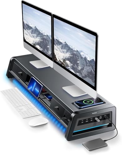 Vaydeer All-in-One Dual Monitor Stand Riser with 2 Drawers, 8USB Ports and Wireless Charging Pad with LED Light Strip for 2 Monitors , Desk Organizer for PC, iMac (Metal, 39.3 inches)