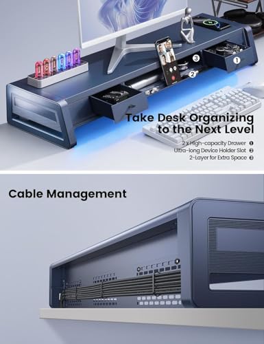 Vaydeer All-in-One Dual Monitor Stand Riser with 2 Drawers, 8USB Ports and Wireless Charging Pad with LED Light Strip for 2 Monitors , Desk Organizer for PC, iMac (Metal, 39.3 inches)
