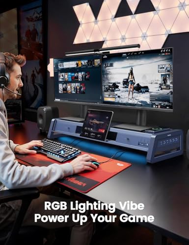 Vaydeer All-in-One Dual Monitor Stand Riser with 2 Drawers, 8USB Ports and Wireless Charging Pad with LED Light Strip for 2 Monitors , Desk Organizer for PC, iMac (Metal, 39.3 inches)