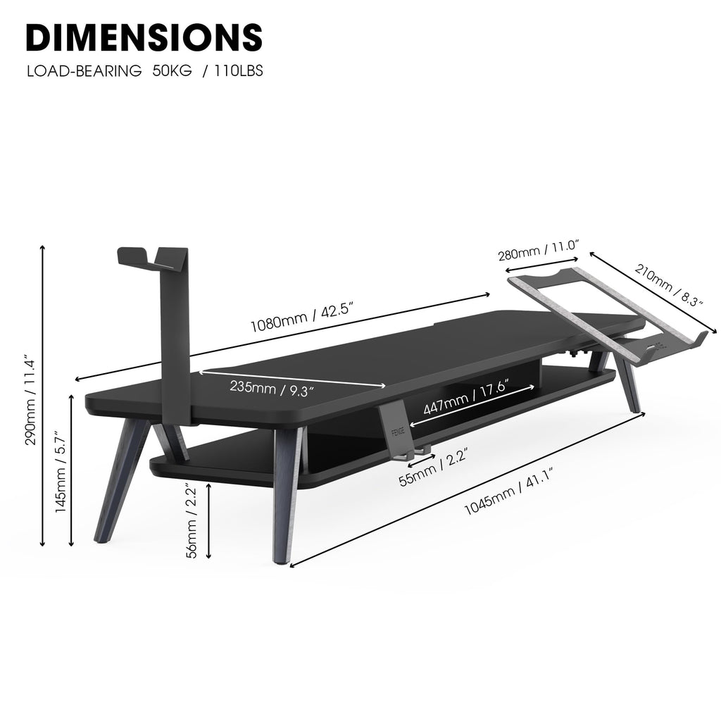Fenge Dual Monitor Stand, Monitor Riser for 2 Monitors with Adjustable Laptop Riser , 42.5 Inch Desk Shelf for Top of Desk with Phone Holder& Headphone Stand