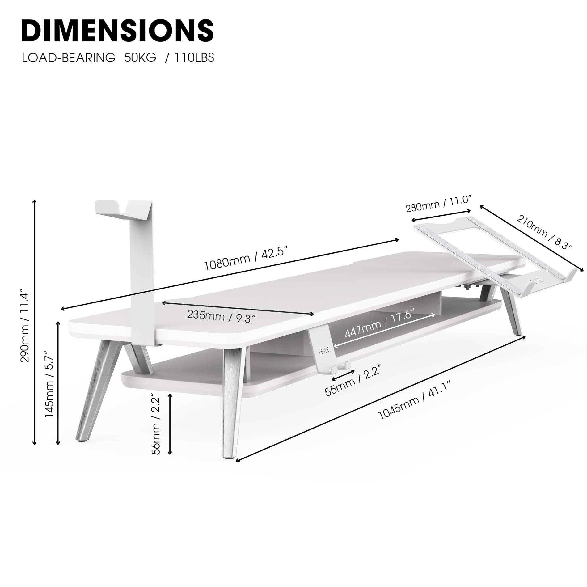 Fenge Dual Monitor Stand, Monitor Riser for 2 Monitors with Adjustable Laptop Riser , 42.5 Inch Desk Shelf for Top of Desk with Phone Holder& Headphone Stand
