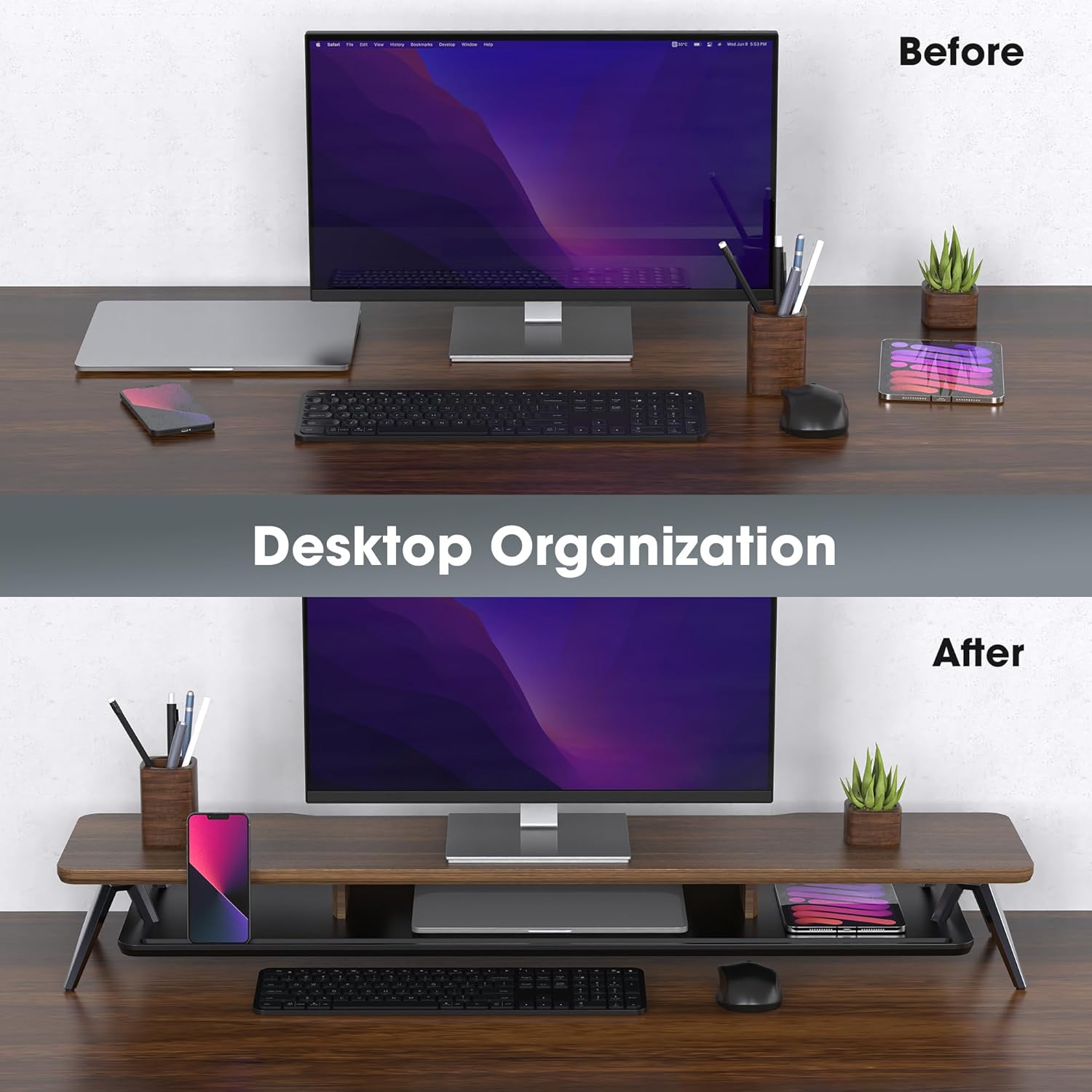 Fenge Dual Monitor Stand, Monitor Stands Riser for 2 monitors, 42.5 Inch Wood Desk Shelf with Storage Organizer and Cable Management for Office Desk Accessories