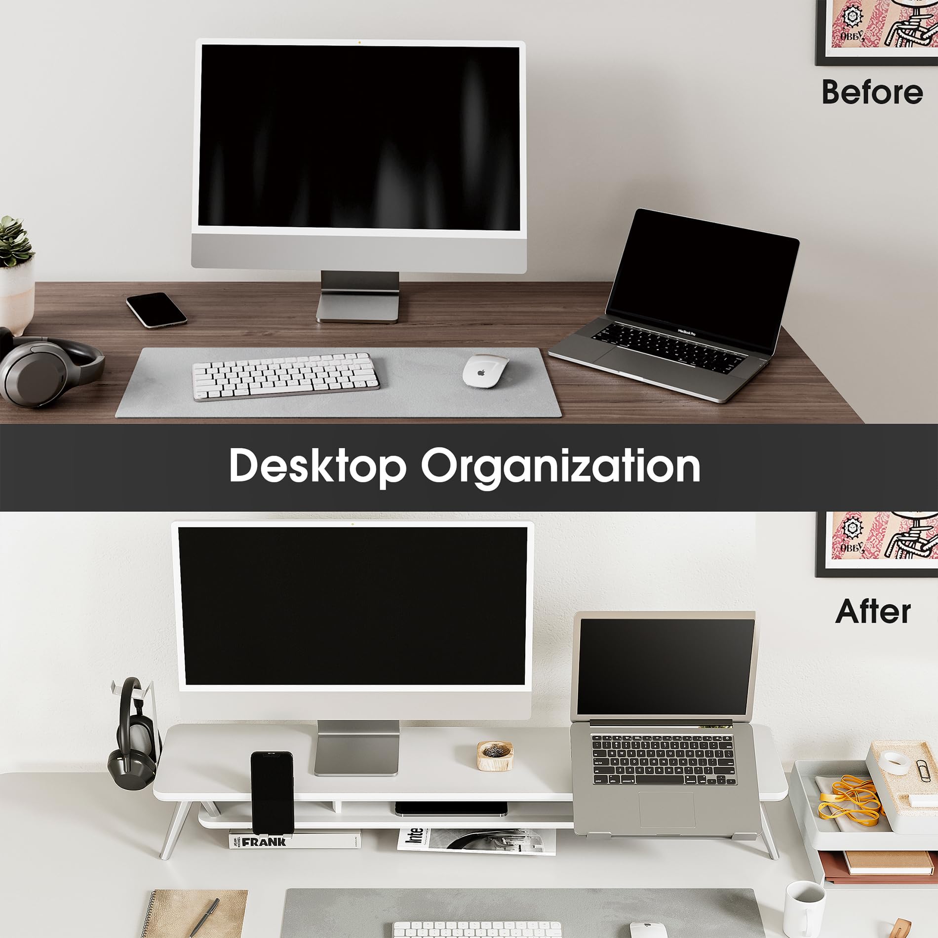 Fenge Dual Monitor Stand, Monitor Riser for 2 Monitors with Adjustable Laptop Riser , 42.5 Inch Desk Shelf for Top of Desk with Phone Holder& Headphone Stand