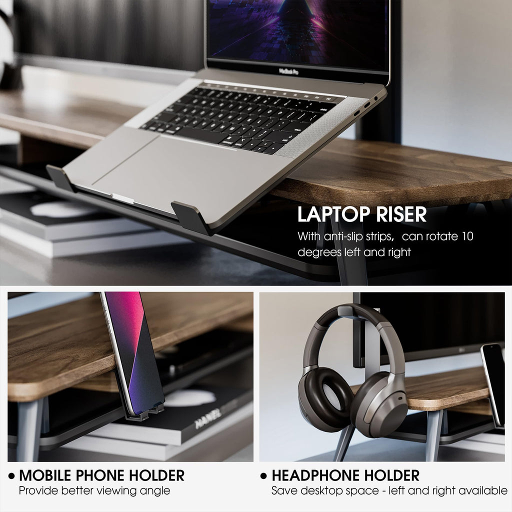 Fenge Dual Monitor Stand, Monitor Riser for 2 Monitors with Adjustable Laptop Riser , 42.5 Inch Desk Shelf for Top of Desk with Phone Holder& Headphone Stand