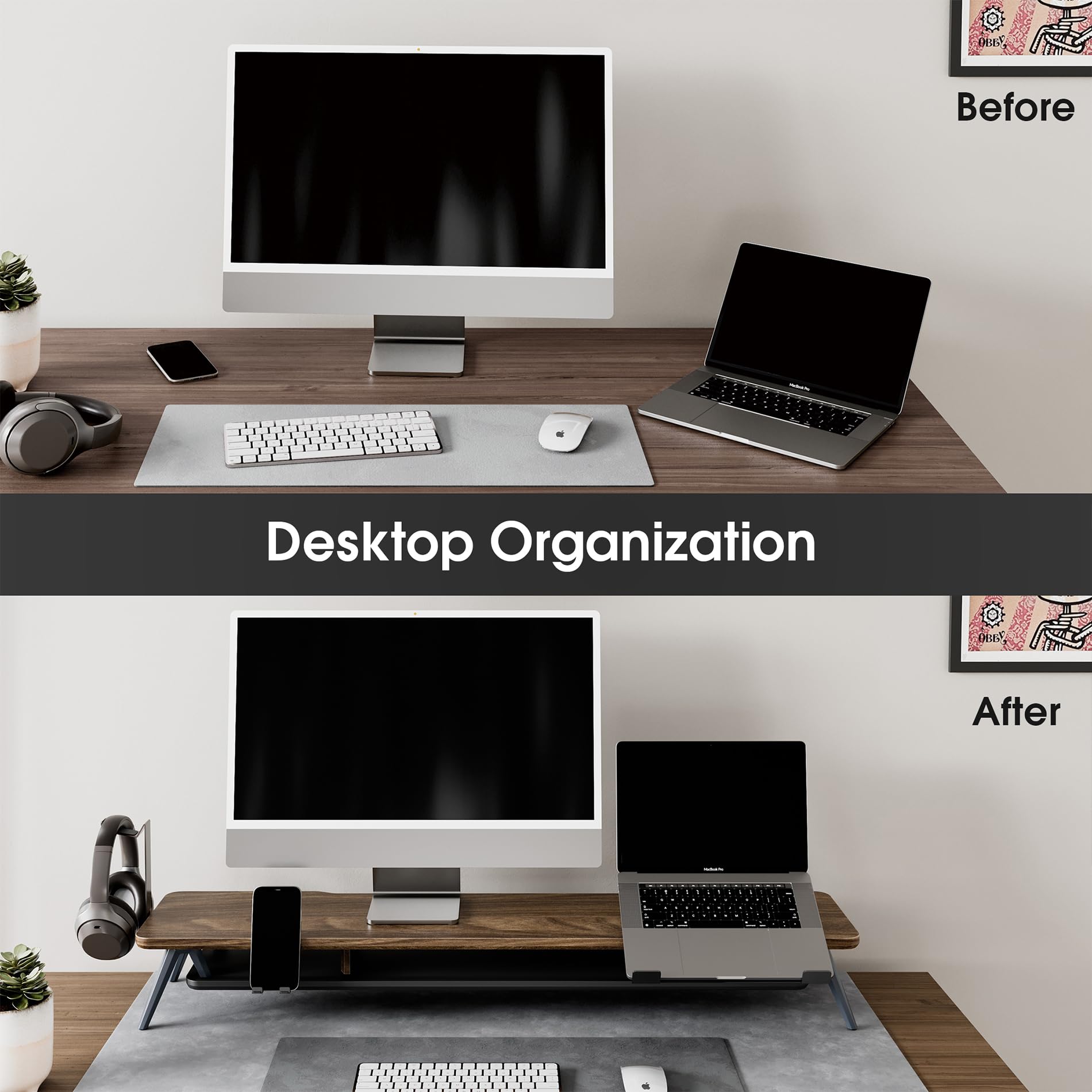 Fenge Dual Monitor Stand, Monitor Riser for 2 Monitors with Adjustable Laptop Riser , 42.5 Inch Desk Shelf for Top of Desk with Phone Holder& Headphone Stand