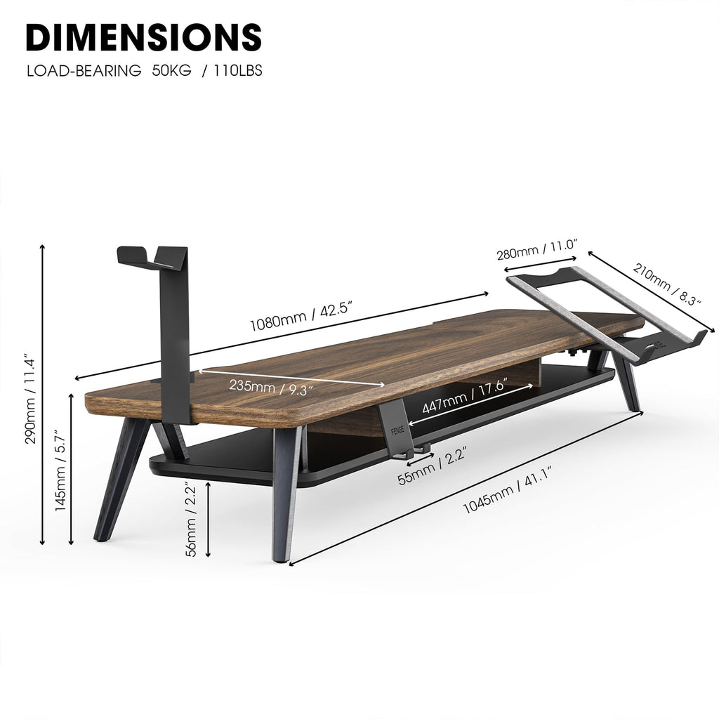 Fenge Dual Monitor Stand, Monitor Riser for 2 Monitors with Adjustable Laptop Riser , 42.5 Inch Desk Shelf for Top of Desk with Phone Holder& Headphone Stand