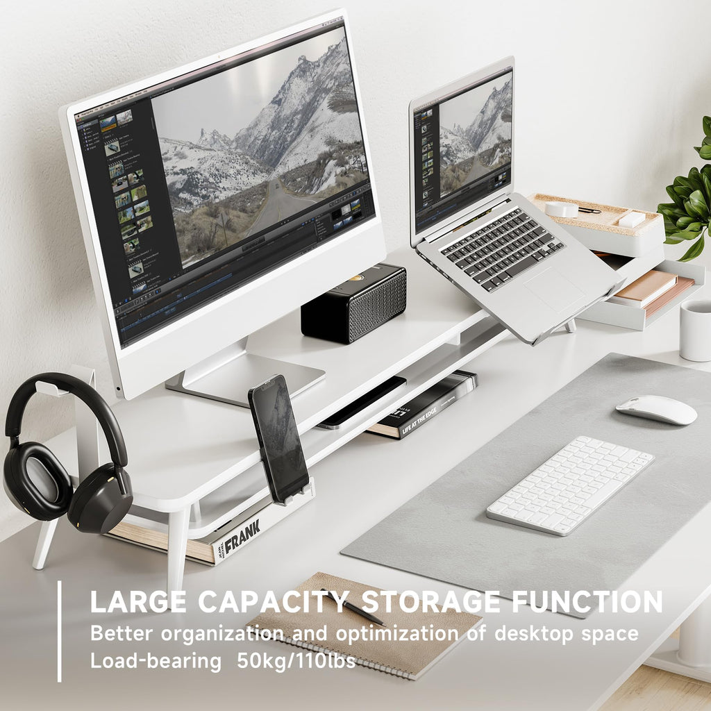 Fenge Dual Monitor Stand, Monitor Riser for 2 Monitors with Adjustable Laptop Riser , 42.5 Inch Desk Shelf for Top of Desk with Phone Holder& Headphone Stand