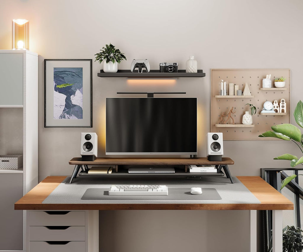 Fenge Dual Monitor Stand, Monitor Stands Riser for 2 monitors, 42.5 Inch Wood Desk Shelf with Storage Organizer and Cable Management for Office Desk Accessories