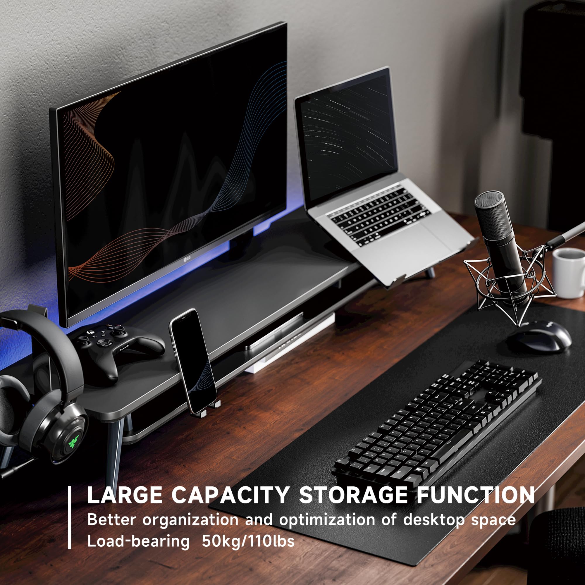 Fenge Dual Monitor Stand, Monitor Riser for 2 Monitors with Adjustable Laptop Riser , 42.5 Inch Desk Shelf for Top of Desk with Phone Holder& Headphone Stand