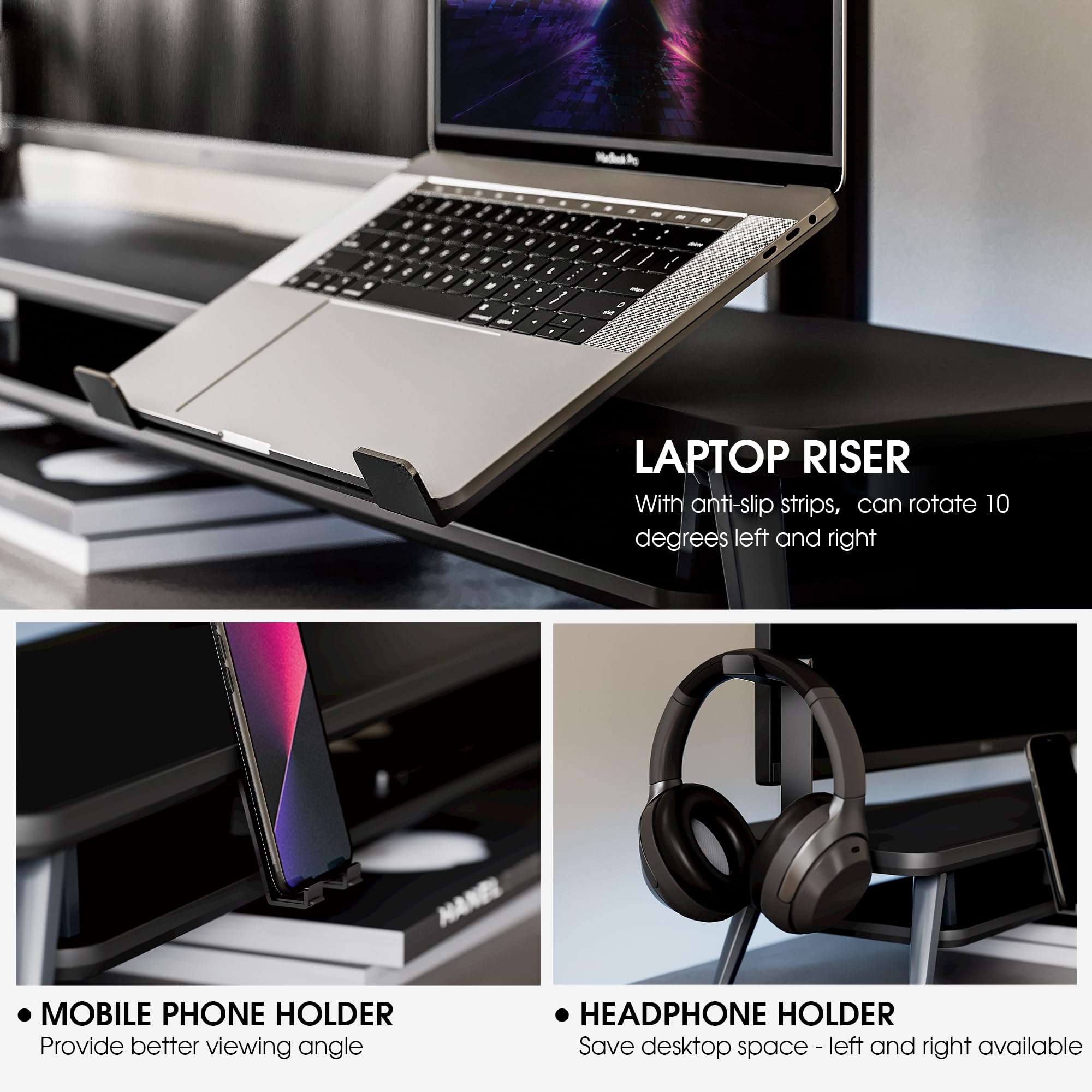 Fenge Dual Monitor Stand, Monitor Riser for 2 Monitors with Adjustable Laptop Riser , 42.5 Inch Desk Shelf for Top of Desk with Phone Holder& Headphone Stand